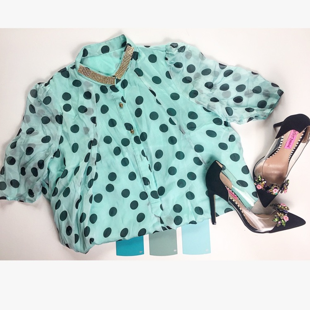 100% Silk Crystal Collar Polka Dot Sheer Blouse